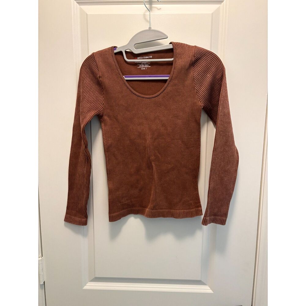 Bella Seamless Brown Ribbed Scoop Neck Long Sleeve Stretch Top Size S - Picture 3 of 5